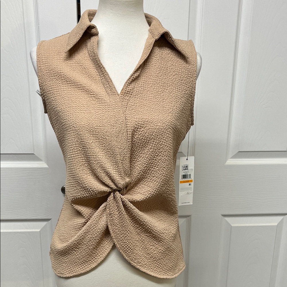 Calvin Klein Sleeveless Twist-Front Collared Top in Tan